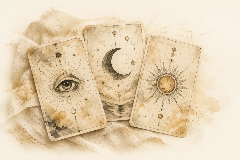 Illustrated celestial cards resting on linen